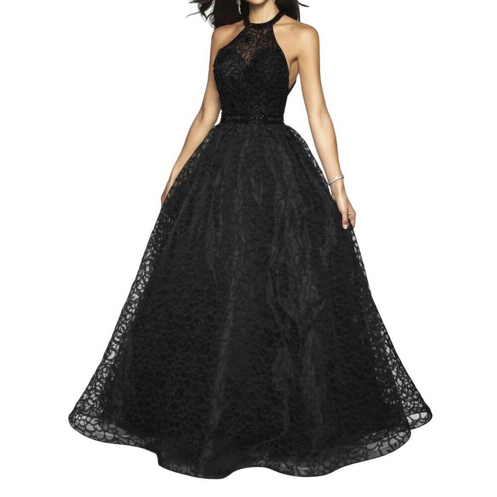 NEW BLUSH PROM patterned organza halter ballgown in black